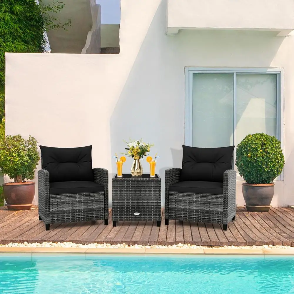 Grey-Black 3-Piece Outdoor Wicker Bistro Set with Cushioned Armchairs and Glass Table