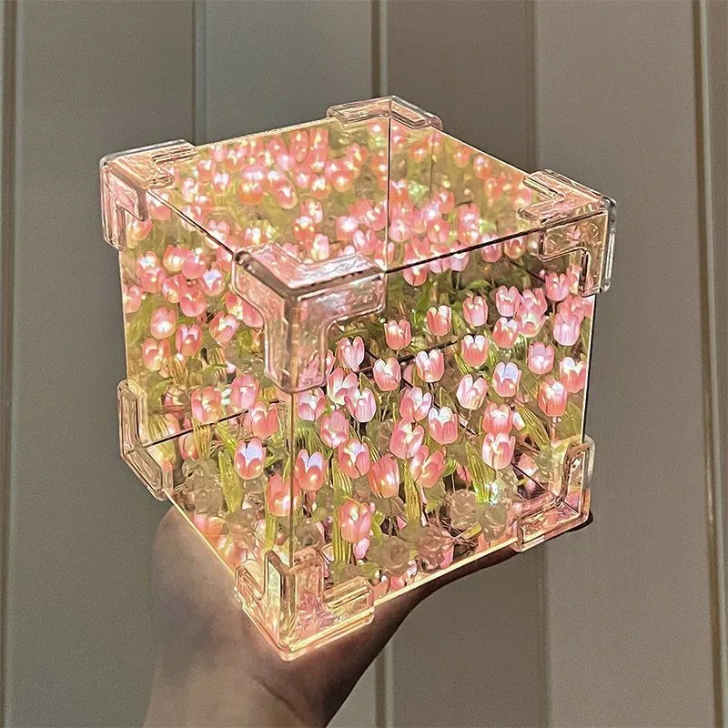 DIY Craft Tulip Flower Cube Night Light Kit Mirror Included Unique Birthday Gift for Women Best Friend Girlfriend LED