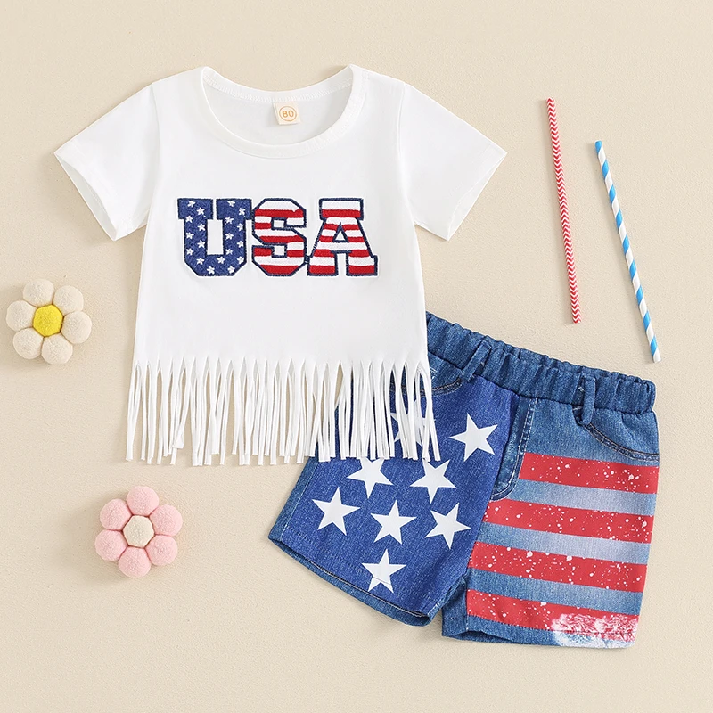 

2024-03-21 Lioraitiin 6M-4Y Toddler Baby Girl 4th of July Outfits Short Sleeve Tassel Tops + Stars and Stripes Print Shorts Set