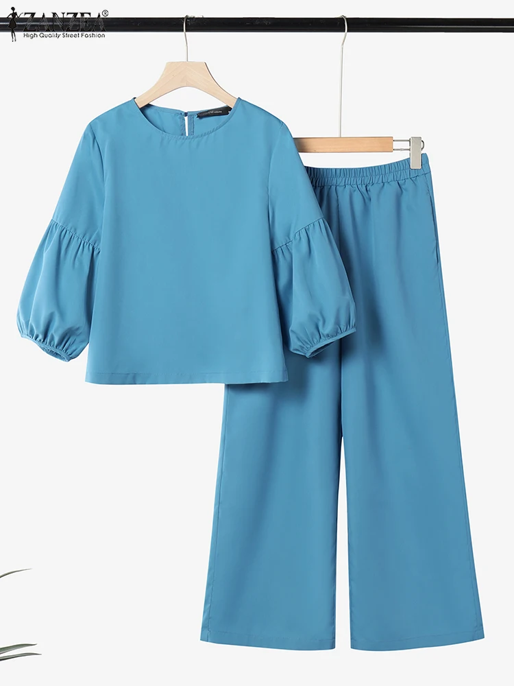 

ZANZEA Women Sets Vintage Solid Color Pants Outfits 2025 Casual 3/4 Lantern Sleeve Tops Loose Trouser Elegant OL Work Suits Sets