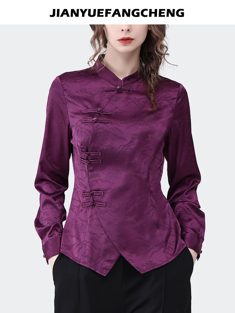 Vintage Chinese Style Women Purple Satin Jacquard Blouse Elegant Slim Long Sleeve Turtleneck Tops Chic Button-down Shirts