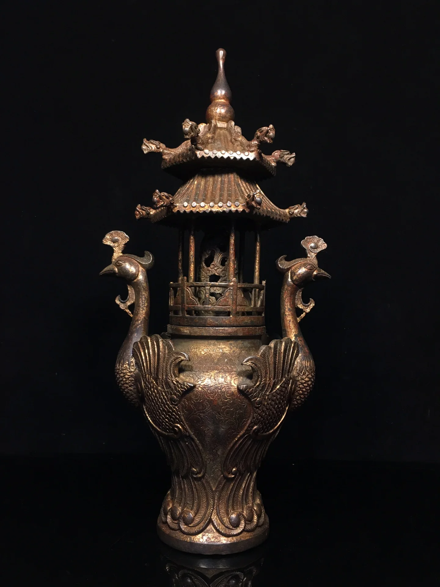 

17"Tibetan Temple Collection Old Bronze Cinnabar Gilding Pagoda Phoenix Ear incense burner Worship Hall Town house