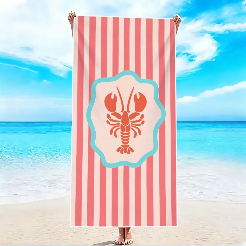 1Pc, Pink and White Striped Lobster Beach Towel, Super Absorbent Lightweight Beach Towel - Sand-Free Quick-Dry Towel, Soft Microfiber, Suitable for Various Settings Such as Beach, Swimming Pool, Gym, Bathroom, Camping, and Travel.