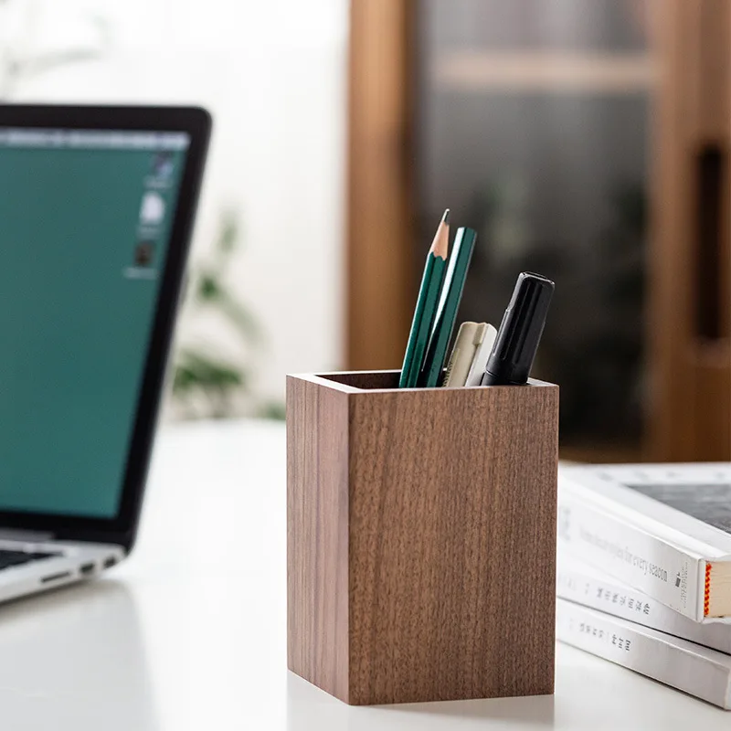 Black Walnut Wooden Pen Holder Desk Organizer Storage Box Office Stationery Gift