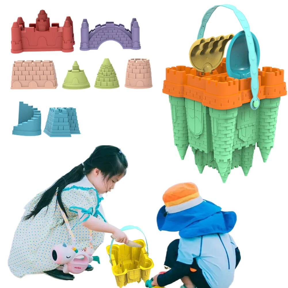 Kit de château de plage et de sable, 14 pièces, moules de château de sable, arrosoir, râteau, pelle, ensemble de sable de voyage pour enfants