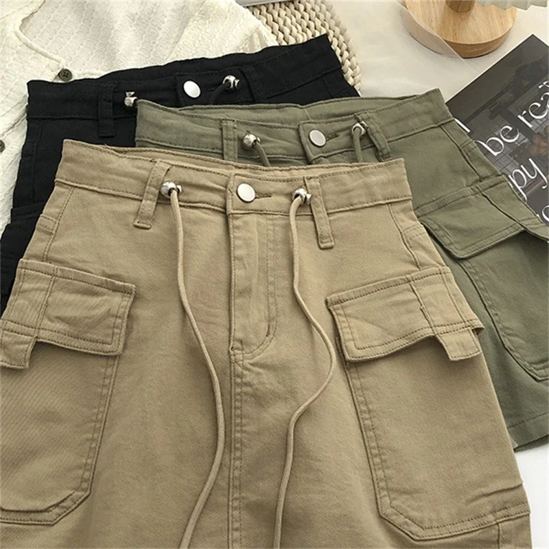 Oversize Pockets Lace-Up Vintage Denim Skirt Summer Loose Casual Solid Mini Skirts Spring Korean Fashion Faldas Women Clothes