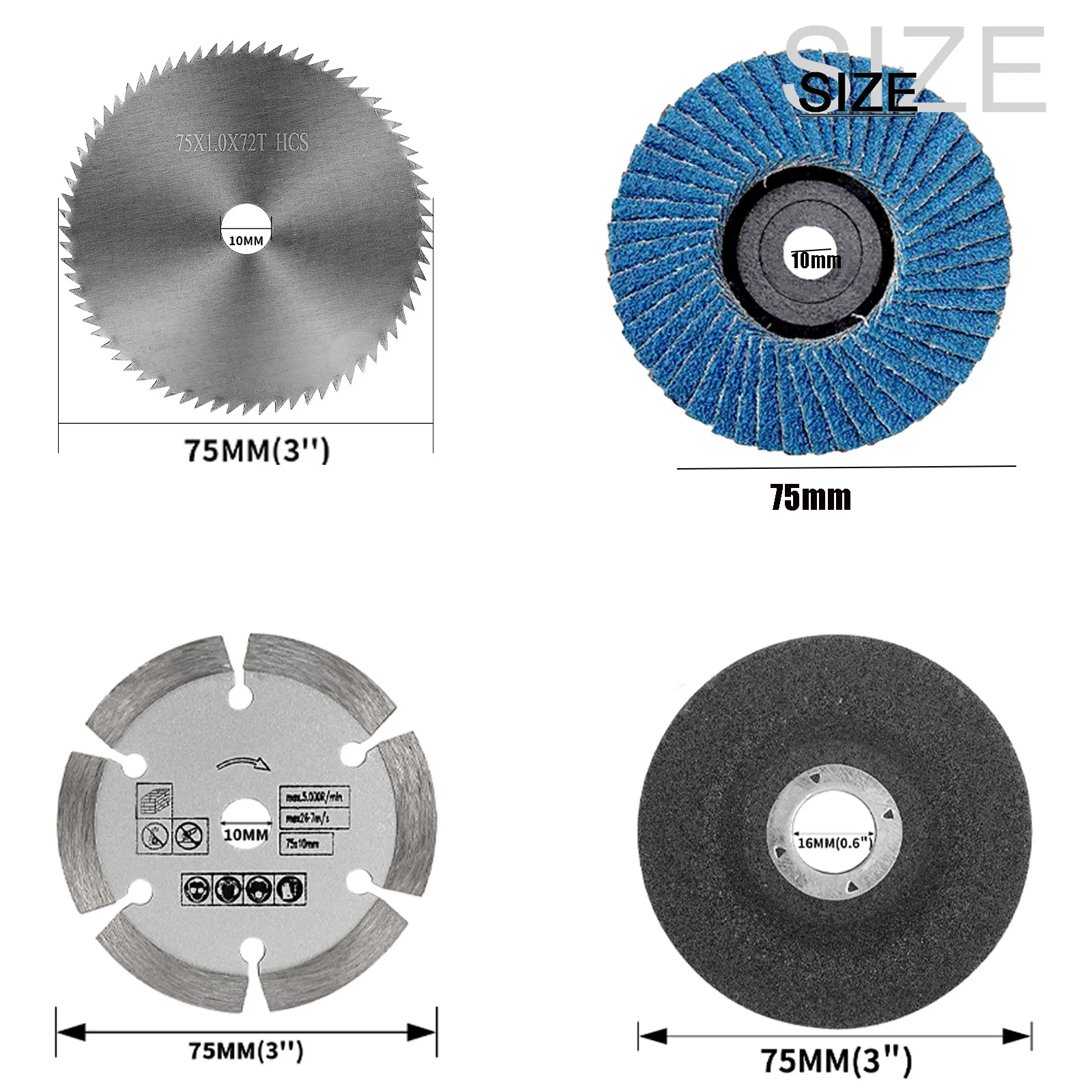 6pcs/Set 75mm Metal Cutting Disc Mini Circular Saw Blade Wool Grinding Wheel for Metal Woodworking Stone Polishing Cutting