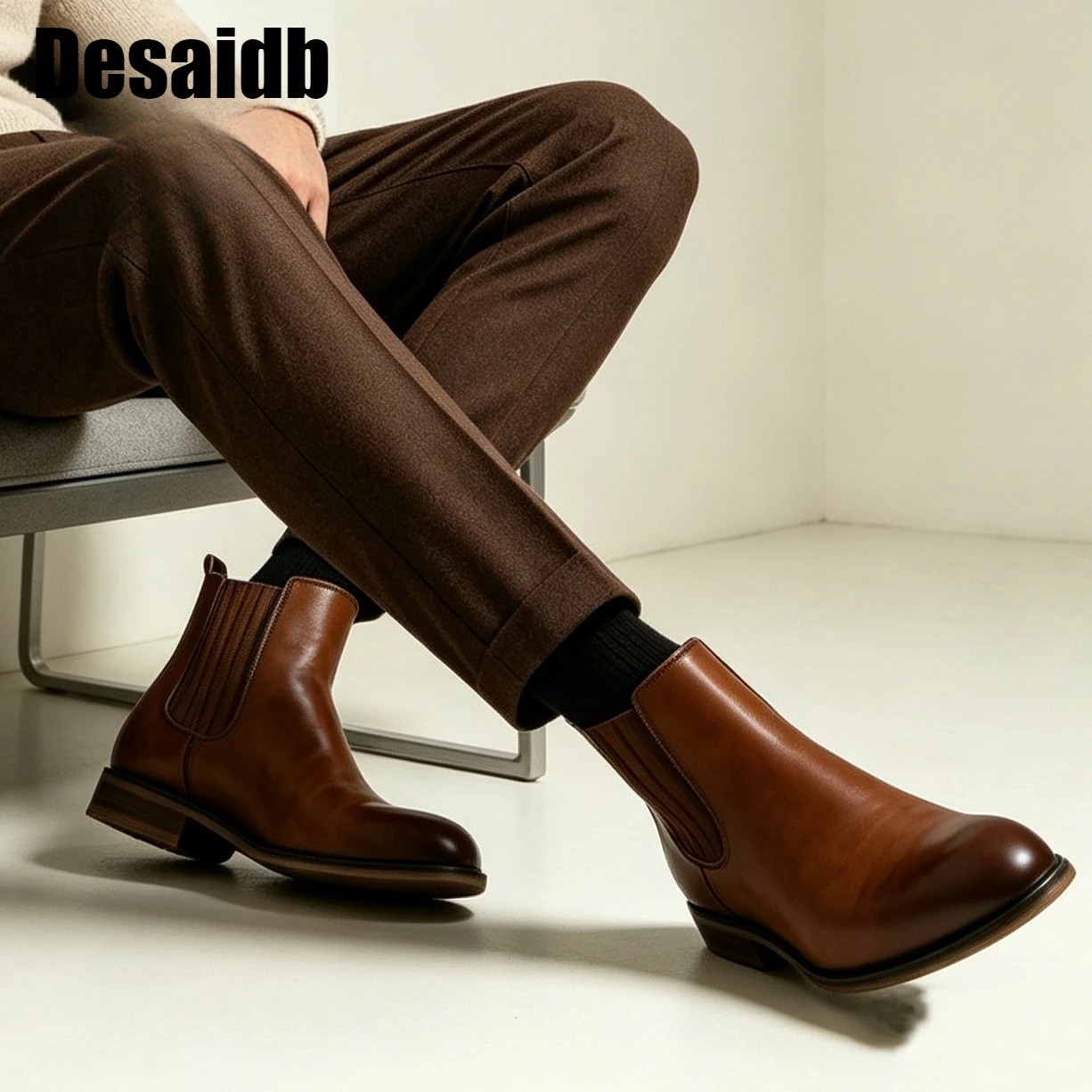 DesaidbMen's Wrinkled Chelsea Boots, Vintage Burnished Finish, British Style, Business Casual Boots, Easy On & Off Leather Boots