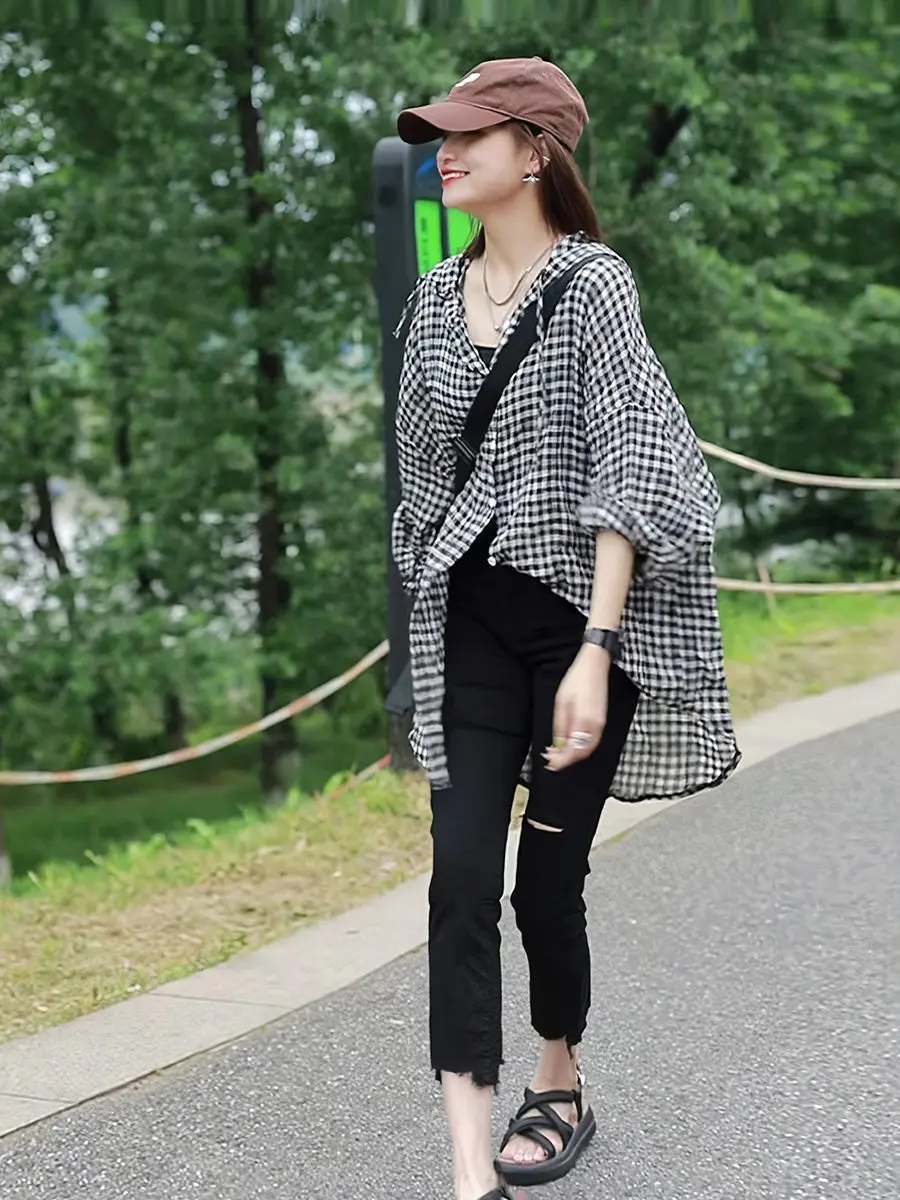 Mulheres de comprimento médio primavera e outono novo nicho solto roupas de proteção solar fina camisa xadrez jaqueta para mulher de manga comprida topo