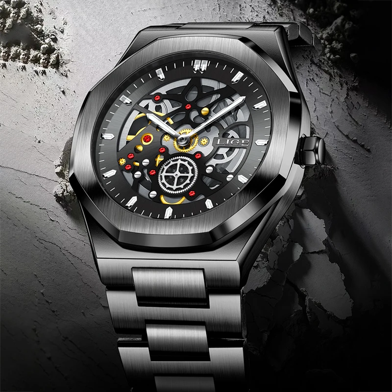 

Мужские кварцевые часы LIGE: уникальный дизайн, классический роскошный стиль, из нержавеющей стали, с ажурным циферблатом, водонепроницаемые, светящиеся в темноте