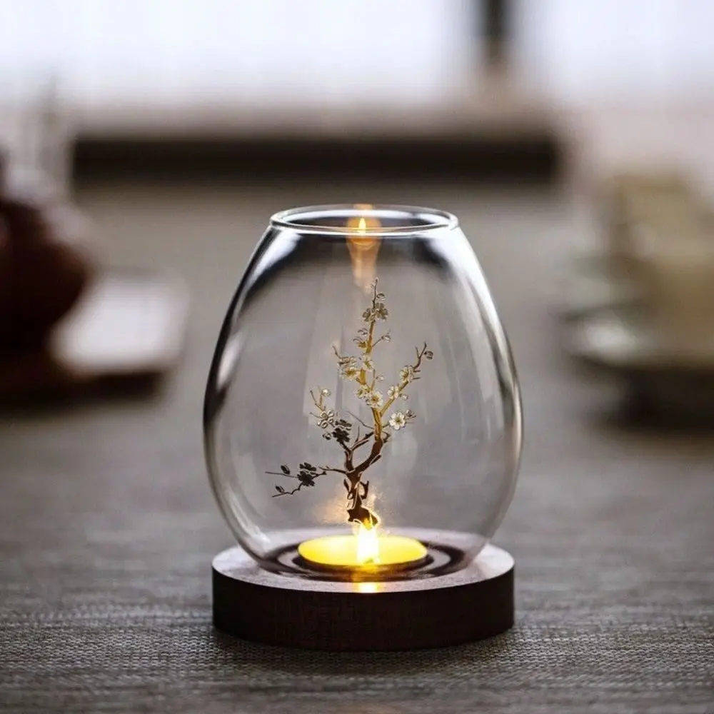 Glass Candlesticks with Cup Cover Transparent Round Candle Holders Home Decor with Wood Base Table Decoration Ornaments Wedding