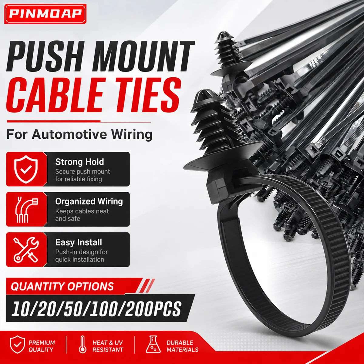 PINMOAP Nylon Cable Ties Automotive Wire Harness Fasteners Cable Ties Engine Compartment Wire Harness Fixing 10/20/50/100/200PCS