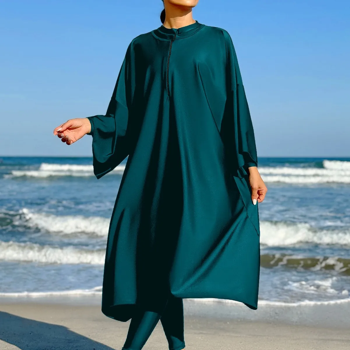 New Modest Muslim Burkini 2‑Pcs Swimsuit Batwing Sleeve Loose Kaftan Dress Pants Swim Cap Conservative Full Cover Beach Swimwear