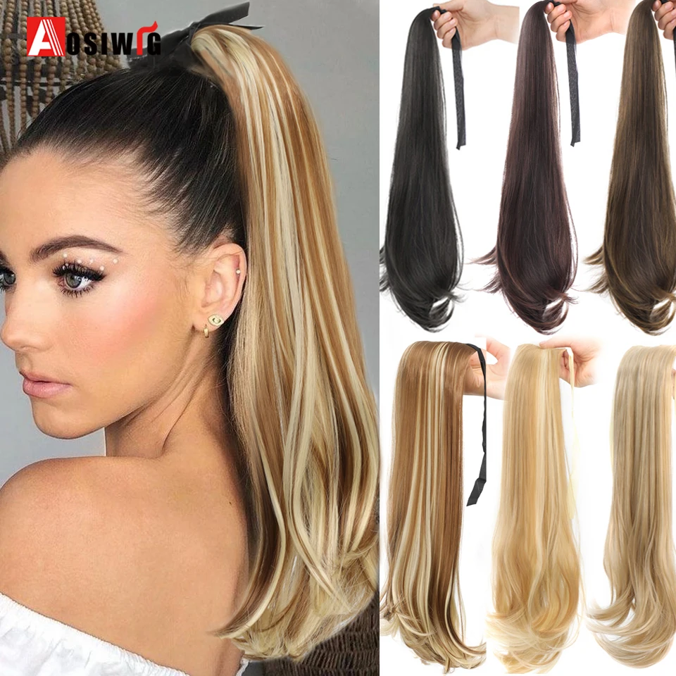 

AOSI Synthetic Long Wavy Ponytail Ribbon Drawstring Ponytail Clip-on Hair Extensions For Women Black Blond Daily Use