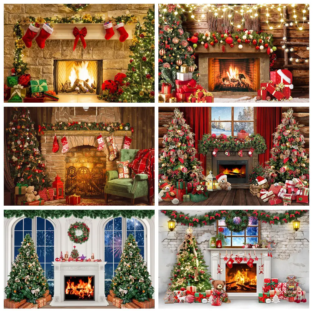 Merry Christmas Backdrop for Photography Fireplace Xmas Tree Gift Santa Claus Family Party Baby Portrait Background Photo Studio