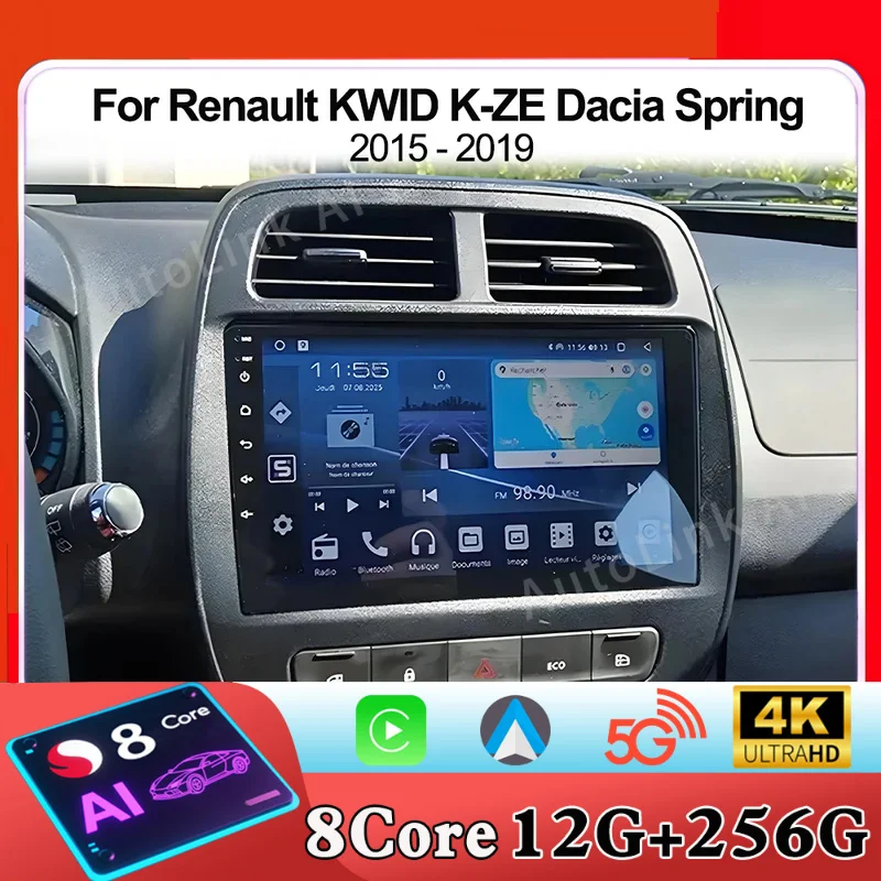 Android15 For Renault KWID K-ZE Dacia Spring 2015-2019 Carplay Car Radio Multimedia Video Player Navigation GPS Stereo DVD BT 5G