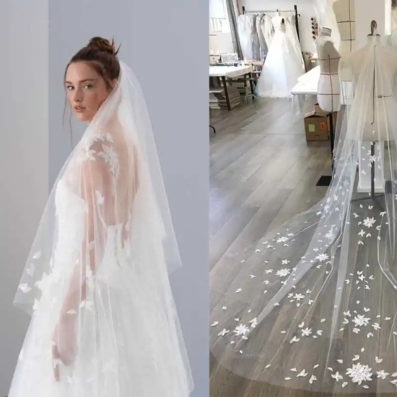 

Customized 2 Layers Appliques Lace Cathedral Wedding Veils with Comb 3M Long White Ivory 2 T Bridal Veils