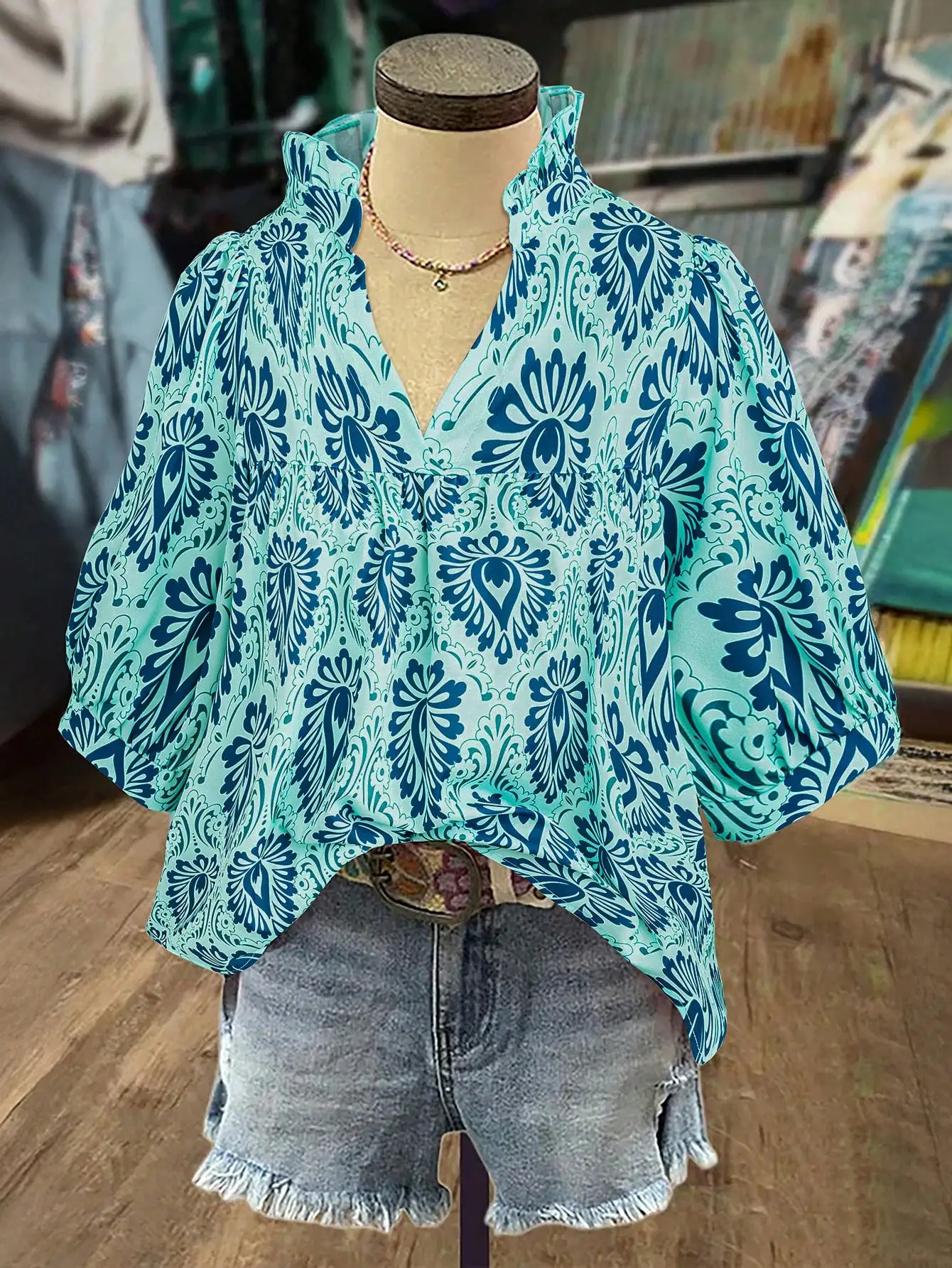 

Блузка с V-образным вырезом и пышными рукавами для женщин, повседневный топ с принтом на весну и лето, большие размеры