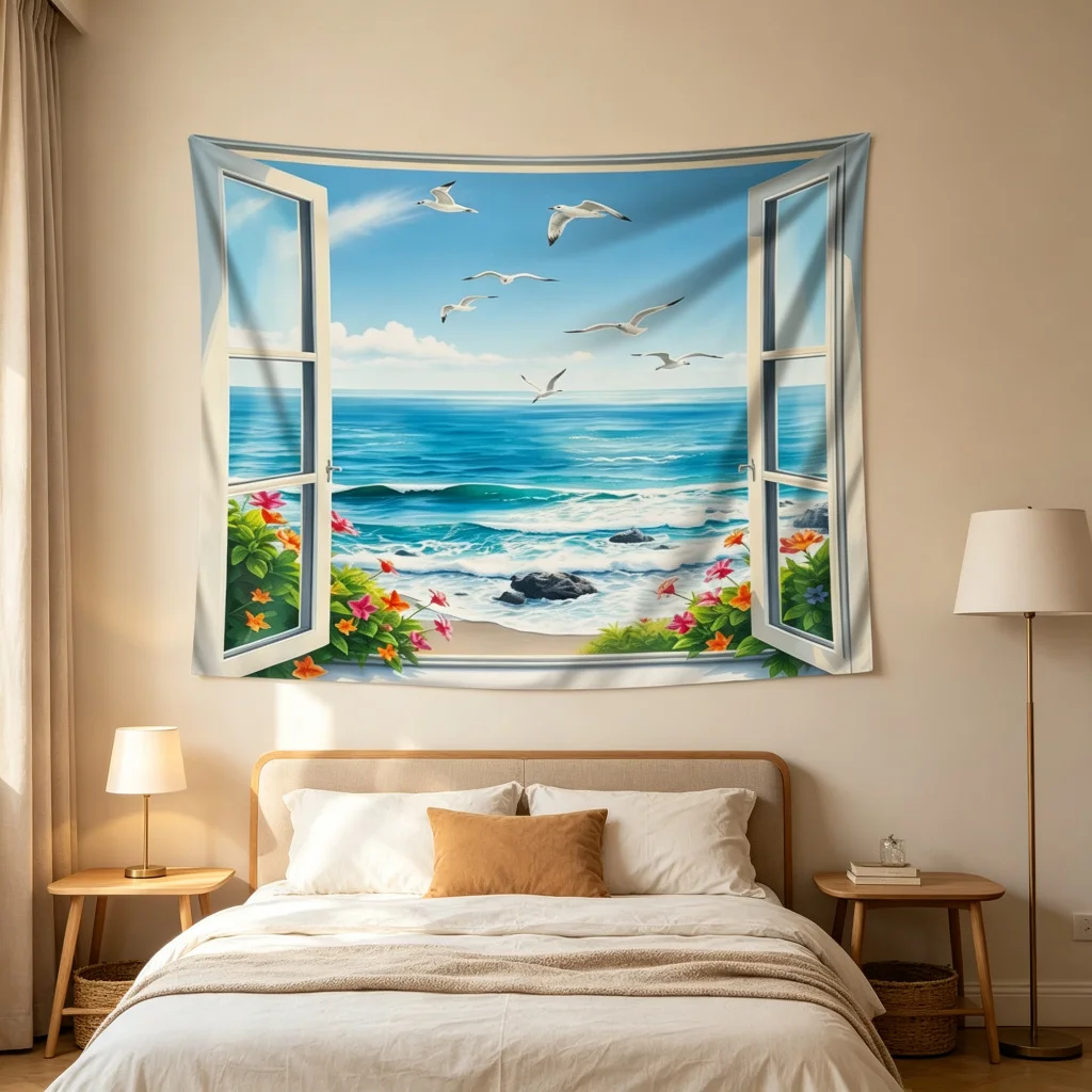 1PC window sea view printed background banner, bedroom living room photo background, polyester wall hanging, home decoration