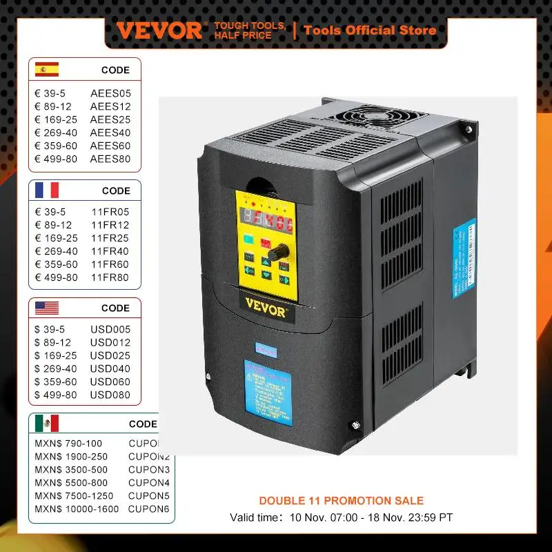 

VEVOR 2.2/3/4/7.5KW VFD Frequency Inverter 110V/220V 1/3P Input 3P Output Variable Frequency Drive CNC Motor Inverter Converter