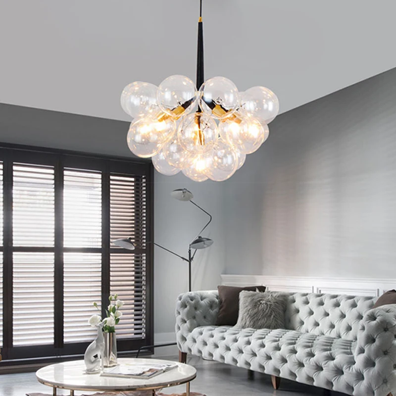 LED Lights Glass Bubble Ceiling Chandelier Black Lustre Minimalist Hanging Lamps for Kitchen Island Nordic Home Decor Luminaria