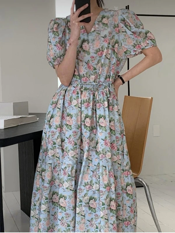 Summer Ele Floral Print Dr Bubble Sve V-Ne Loose Waist Sle Women's Faion Sweet  Dr Tea Break Skirt