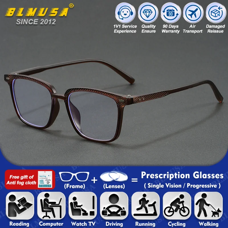 

BLMUSA (XL) Men Business Square Frame Myopia Photochromic Prescription Glasses Anti Blue Ray Multifocal Reading Computer Eyeware