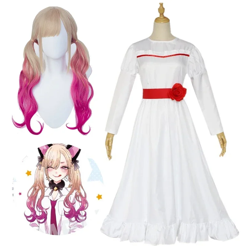 

Coslan my dress-up 020 on Halloween white dress cosplay long sleeve o neck female dresses Kitagawa Marin long curly hair wig