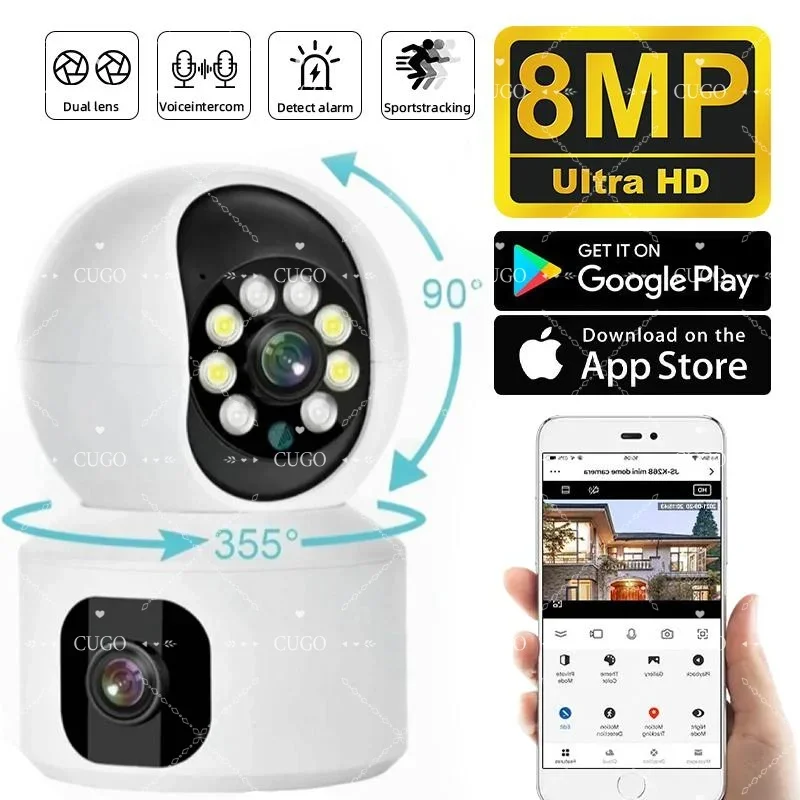 

8-мегапиксельная Wi-Fi IP-камера с двойным экраном, камера видеонаблюдения, автоматическое отслеживание, двустороннее аудио, цветной монитор ночного видения, PTZ-камера