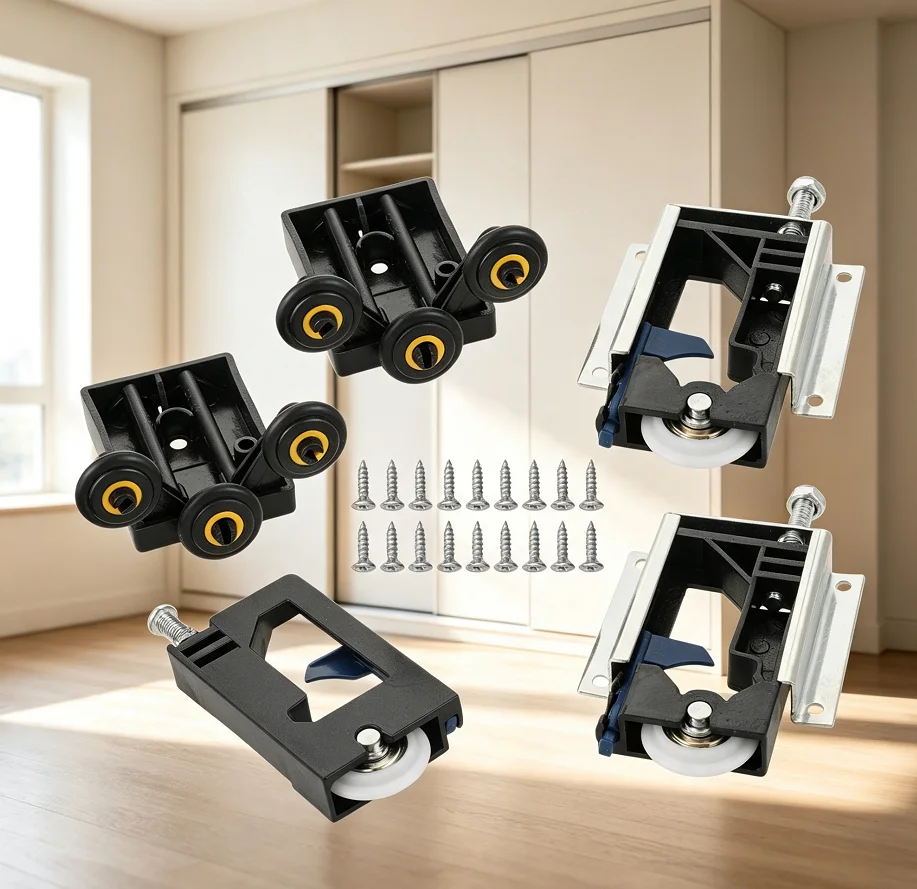 4pcs Large Cabinet Sliding Door Pulley Upper/Lower Wheels Detachable Core Classic Wardrobe Exposed Roller DIY Easy Install