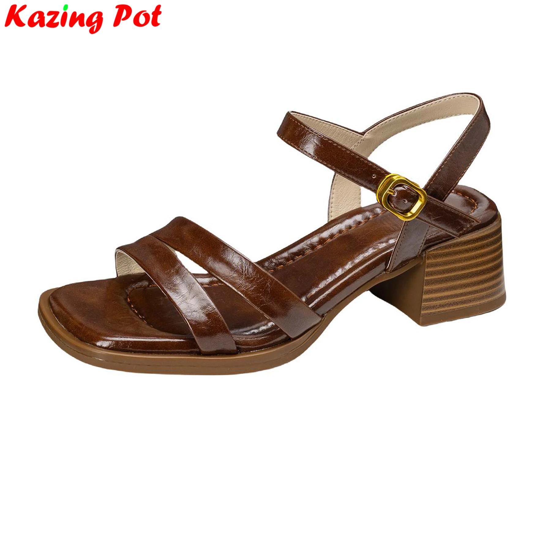 Plus Size 34-41 Cow Leather Peep Toe Summer Shoes Med Heels Gladiator Dating Office Lady Ins Vacation Retro Modern Women Sandals