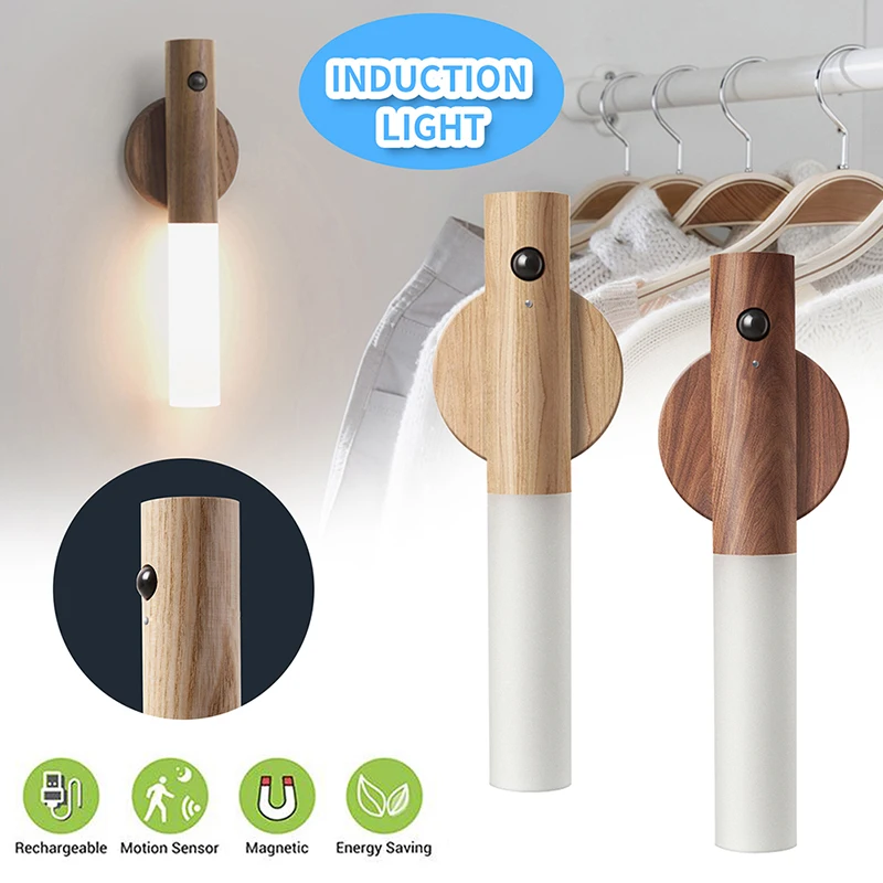 Wood Magnetic LED Lamp Portable Motion Sensor Night Light Bedside Induction Wall Lamp USB Charging for Bedroom Hallway Stairway