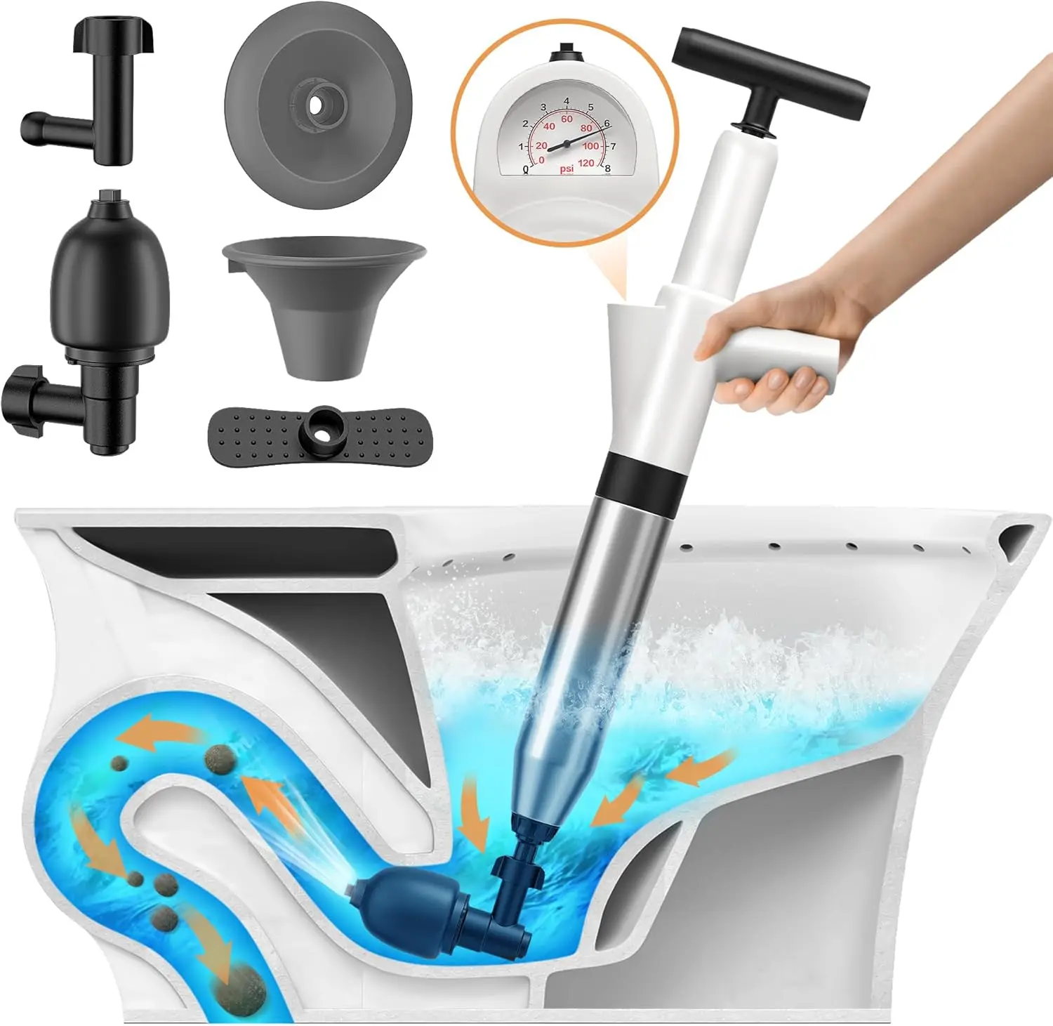 

High-Pressure Air Drain Blaster with Real-Time Barometer, Powerful Toilet Plunger for Bathroom, Sink, Kitchen Clogs
