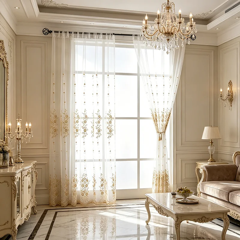 European Elegant Golden Rose Embroidered Sheer Curtain White Transparent Window Screen Rod-Hook For Living Room Bedroom Balcony