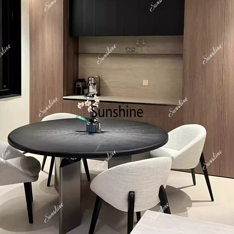 

French medieval solid wood dining table design round Italian light luxury rock slab turntable