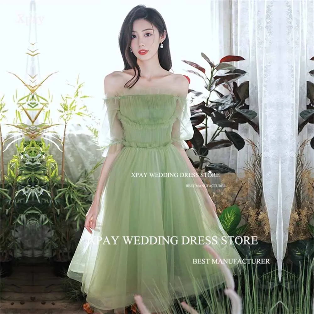 

XPAY Off The Shoulder Korea Short Evening Dresses Short Sleeve Pleat Tulle Formal Prom Gown Photo Shoot Wedding Party Dress