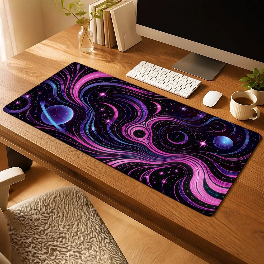 Blue and pink starry planet streamline pattern mouse pad, anti-slip suitable PC desk and gaming table, desk decoration accessory