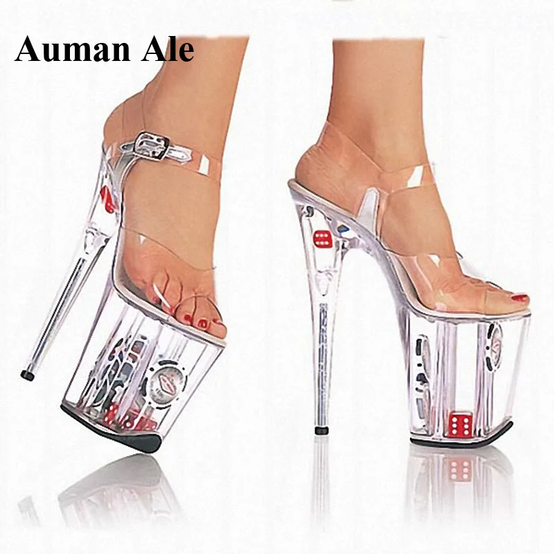 

Однолинейные босоножки с пряжкой, новинка 2023 года, летние универсальные пикантные прозрачные женские туфли на высоком каблуке 20 см, босоножки в сказочном стиле