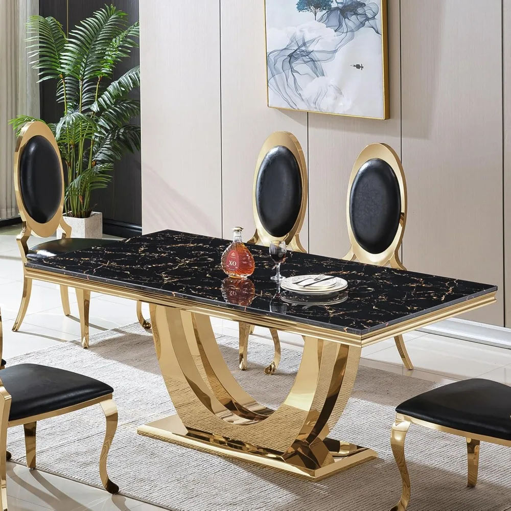 Mesa de comedor de 70" para 8 personas, mesa de cocina rectangular, tapa de imitación de mármol, doble base de acero inoxidable dorado en forma de U