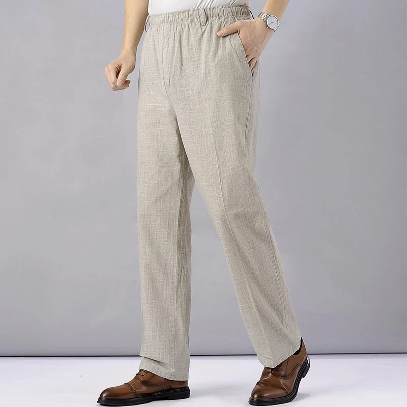 Taglie forti XL-5XL Pantaloni da uomo in cotone e lino Primavera Estate Autunno Pantaloni lunghi larghi in vita elastica Padre sottile Medioevo