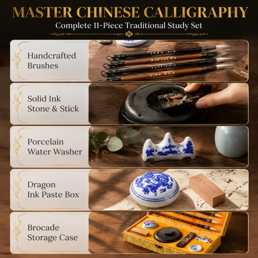 11 pcs Brush Pen Chinese Calligraphy Set Ink Stick Complete Set Calligraphy Writing Kit Traditional Design Silk Brocade Box