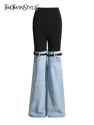 TWOTWINSTYLE Hit Color Patchwork Denim Wide Leg Pants Female High Waist Casual Button Flat Casual Loose Wide Leg Pants Female