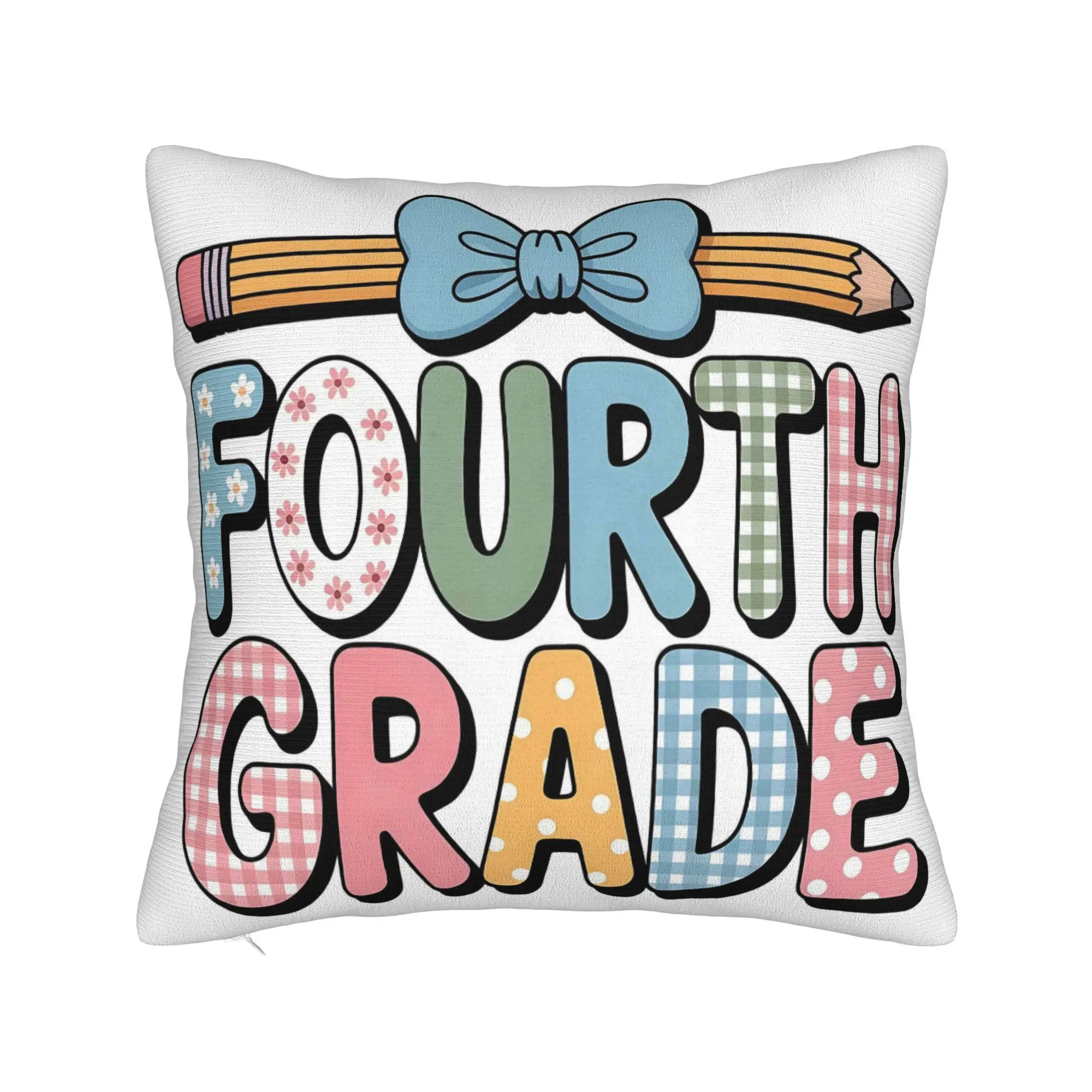 Preppy Fourth Grade Teacher Blue Floral Coquette Pencil Bow Modern Home Vibes Double Sided Printed Cushion Cover Blending Comfort with Contemporary Style