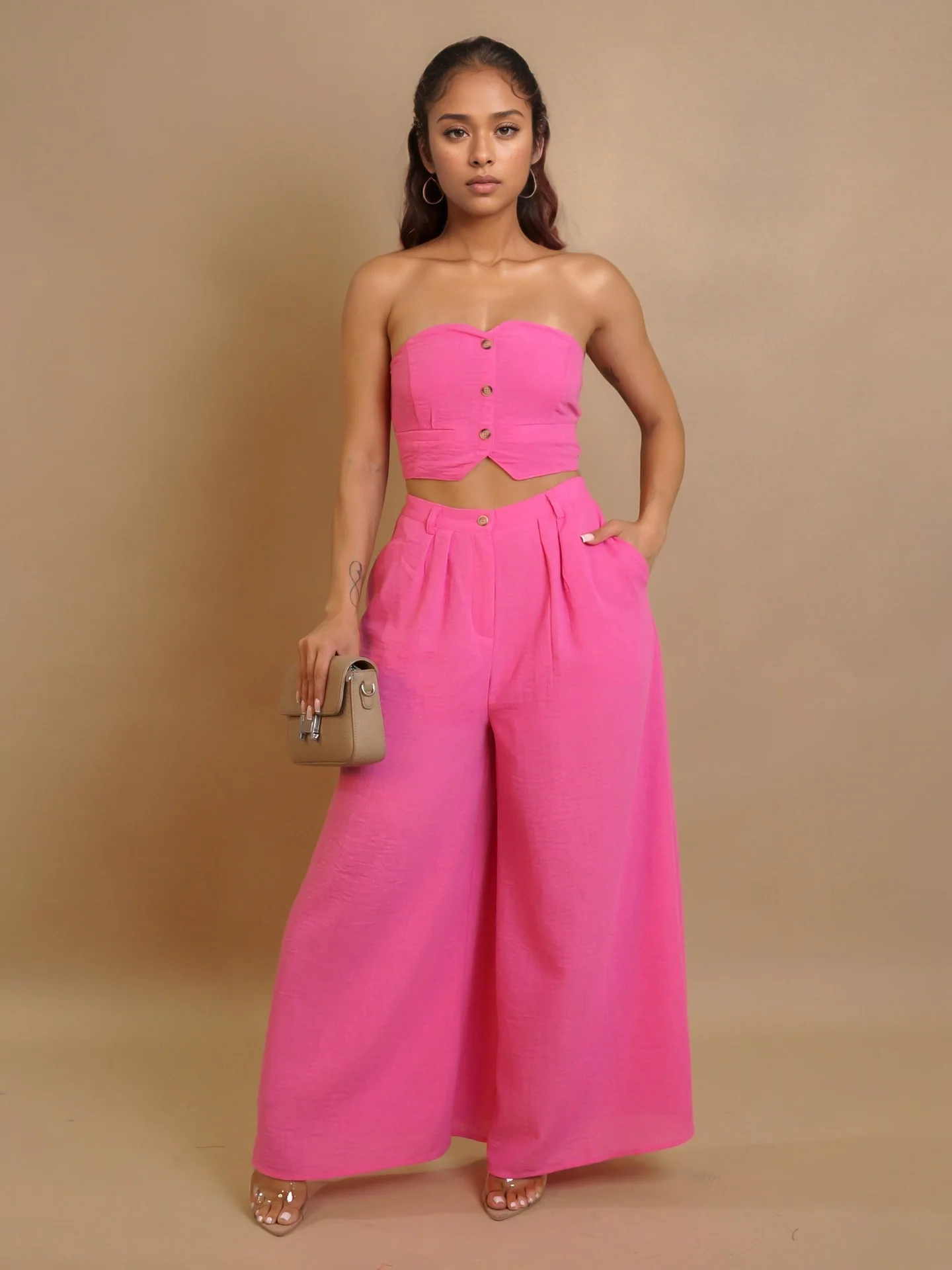 

women set Summer Solid Color sexy stretch Sleeveless strapless crop top and wide-leg pants Casual Two-piece Set Women Clothing