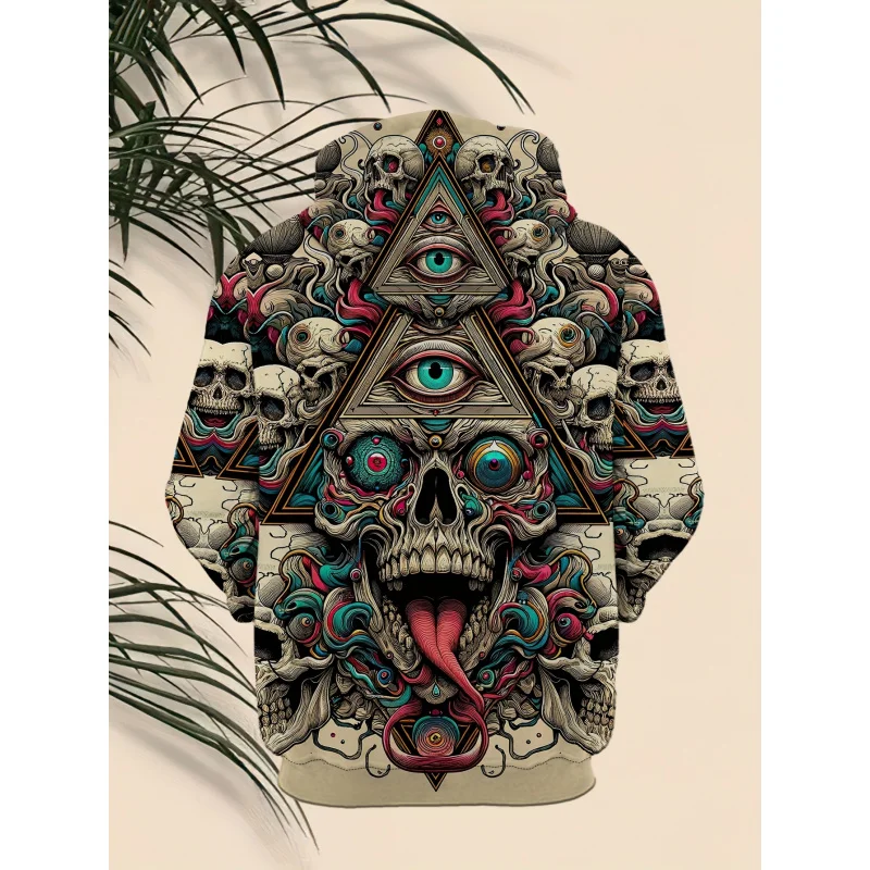 هوديي رجالي مطبوع عليه جمجمة ثلاثية الأبعاد - تصميم مخدر نابض بالحياة، مقاس فضفاض، بلوفر كاجوال بأكمام طويلة، أنماط لافتة للنظر #2