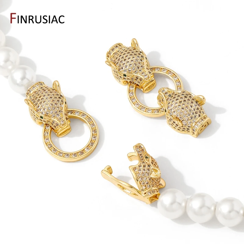 18K Gold Plated Brass Inlaid Zircon Leopard Head Pearl Clasps Fasteners,Lock For Jewelry,DIY Bracelet Necklace Making Supplies