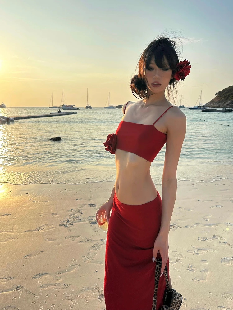 2024 Summer Red Sexy Holiday Dress Suit Hot Girls 2000s Sweet Casual Camios + Elegant Fashion Midi Skirt Beach Style Clothing