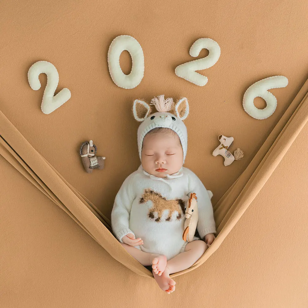 0-1 Month Baby Costume Newborn Photography Props Cartoon Horse Theme Style Baby Outfits with Matching Horse Toy for Baby Posing