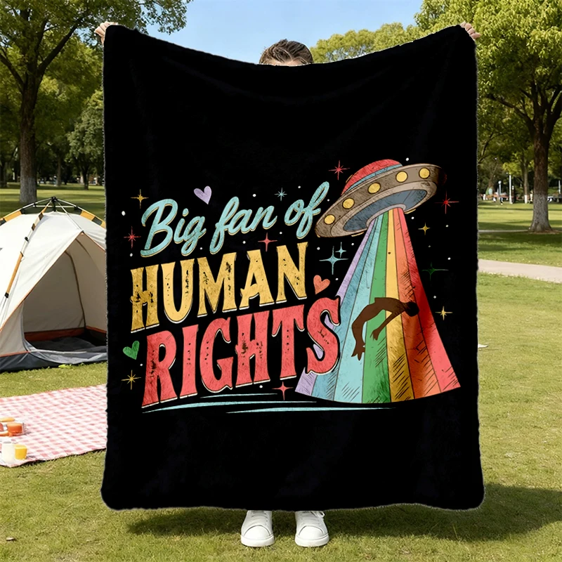 Big Fan Of Human Rights Comfort Colors Flannel Blanket, Protest UFO Rainbow Color Flannel Throw