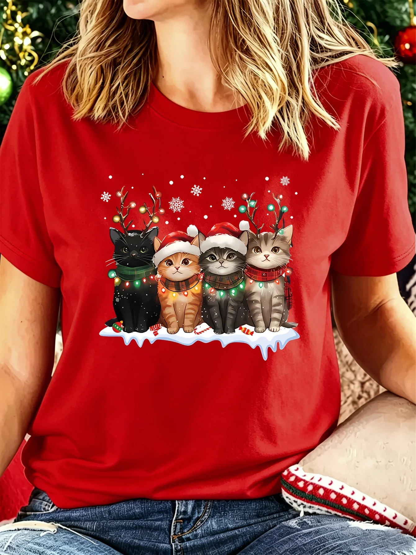 New 2026 Spring/Summer Collection Women's Fashionable and Versatile Christmas Cute Cat Print Round Neck Short Sleeve Top